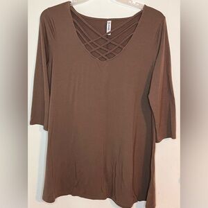 Zenana Outfitters Brown Crisscross Long Sleeve Top